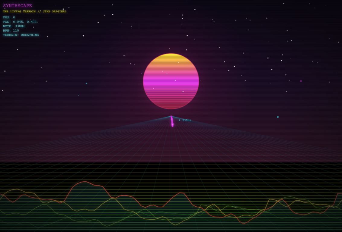 Synthscape, a living terrain that combines Jinx's recurring horizon, signal, and pulse motifs.